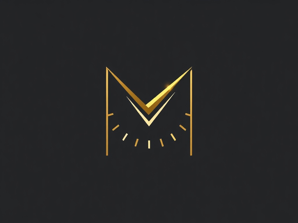 A stylized letter M composed of elegant geometric lines resembling a clock hand and a checkmark, minimal, gold and white, 8k, photorealistic.